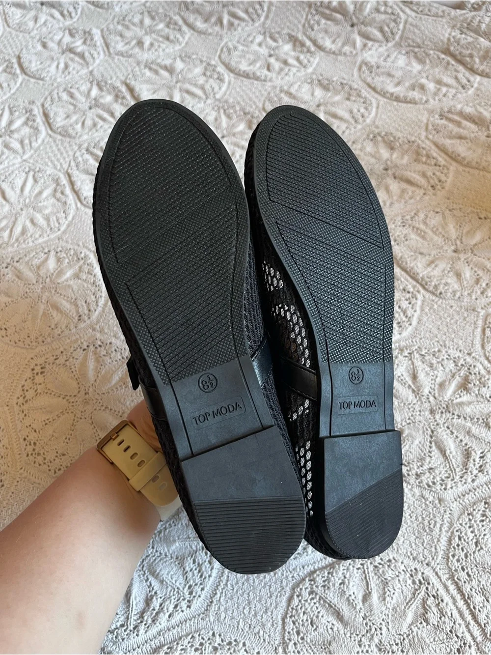 NWT Top Moda black mesh ballet flats Mary Jane buckle round toe